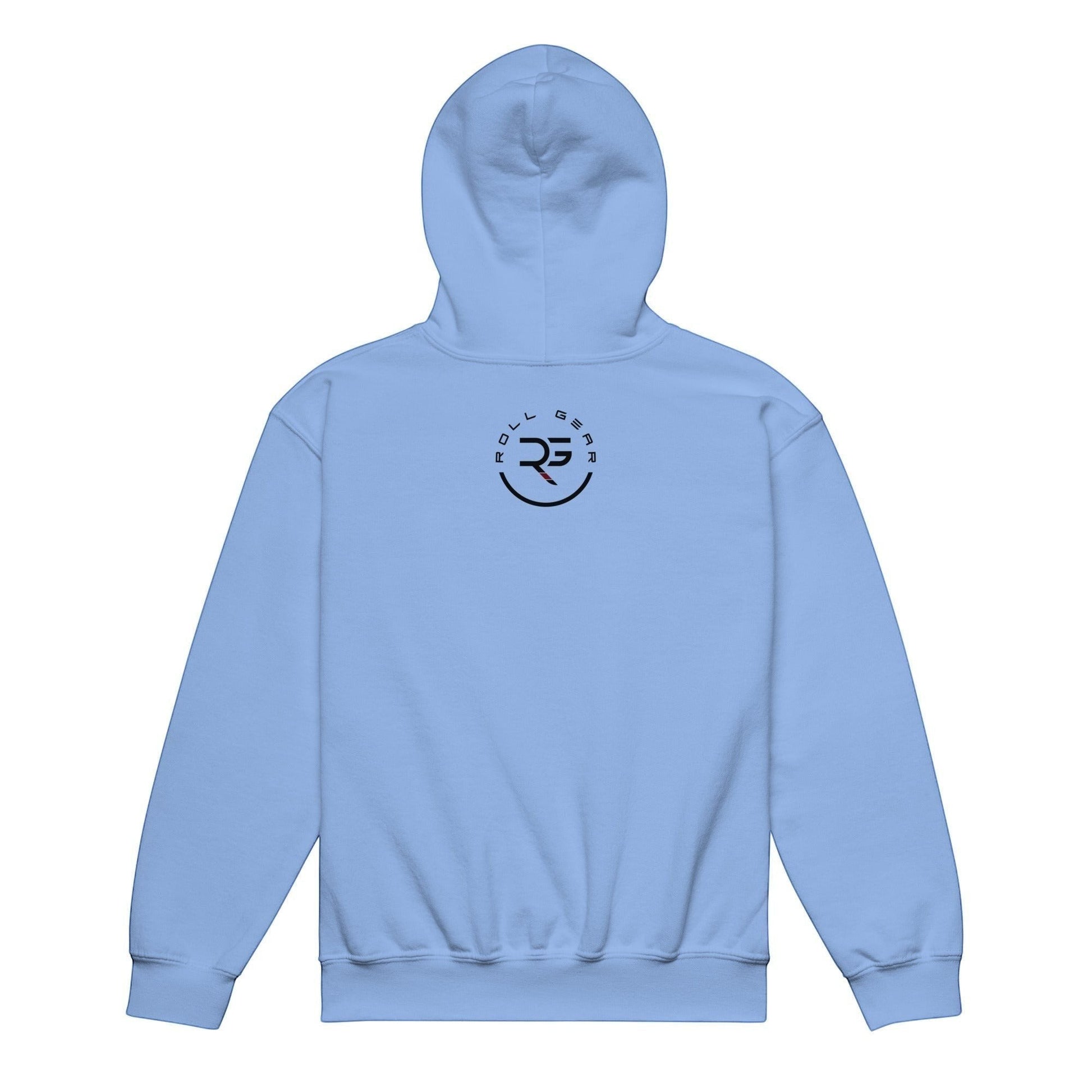 Roll Gear youth heavyweight hoodie in light blue. Features a double-lined hood and front pouch pocket. 50% cotton, 50% polyester.