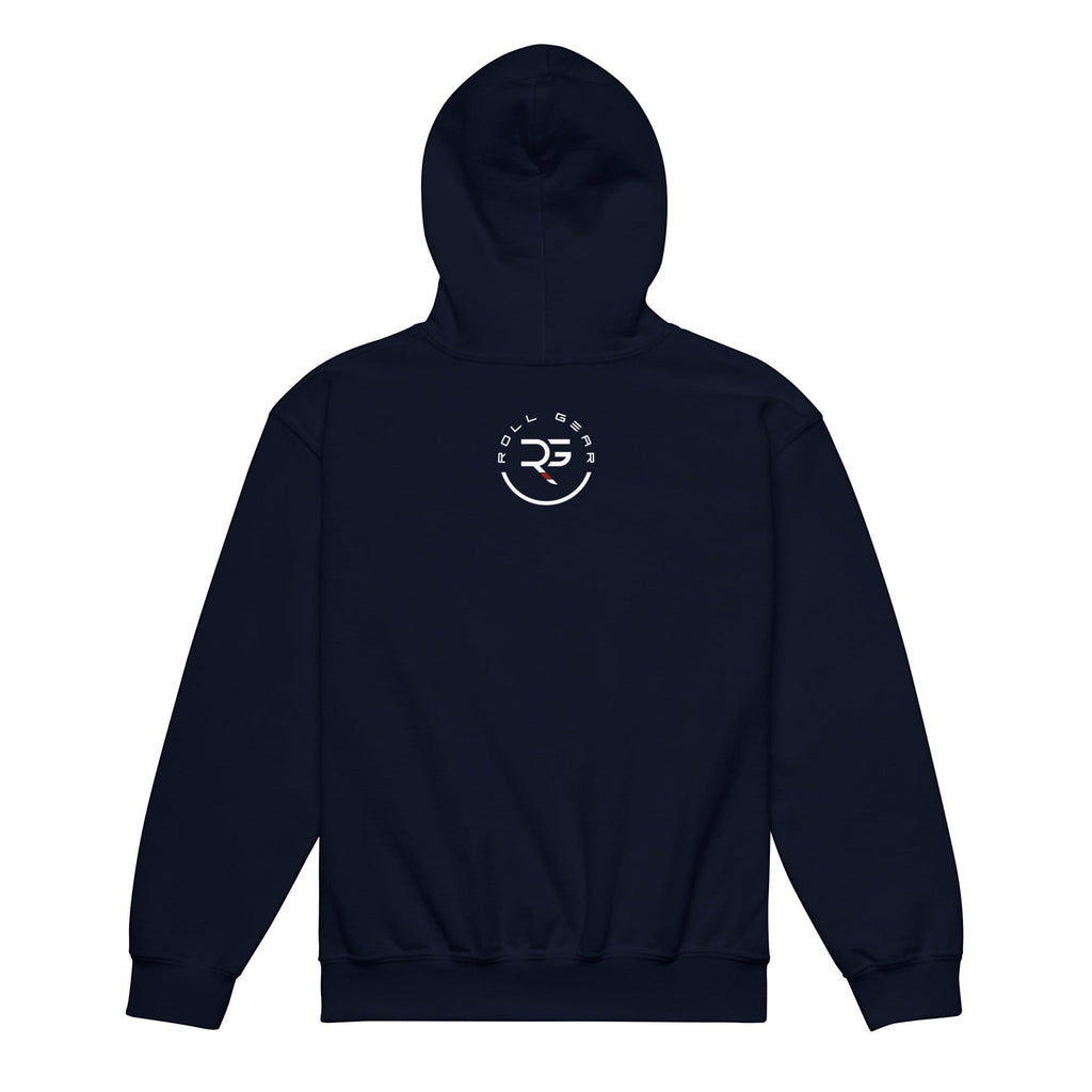 Roll Gear youth heavyweight navy blue hoodie with "Earned Not Given" graphic on front and logo above. 50% cotton, 50% polyester.