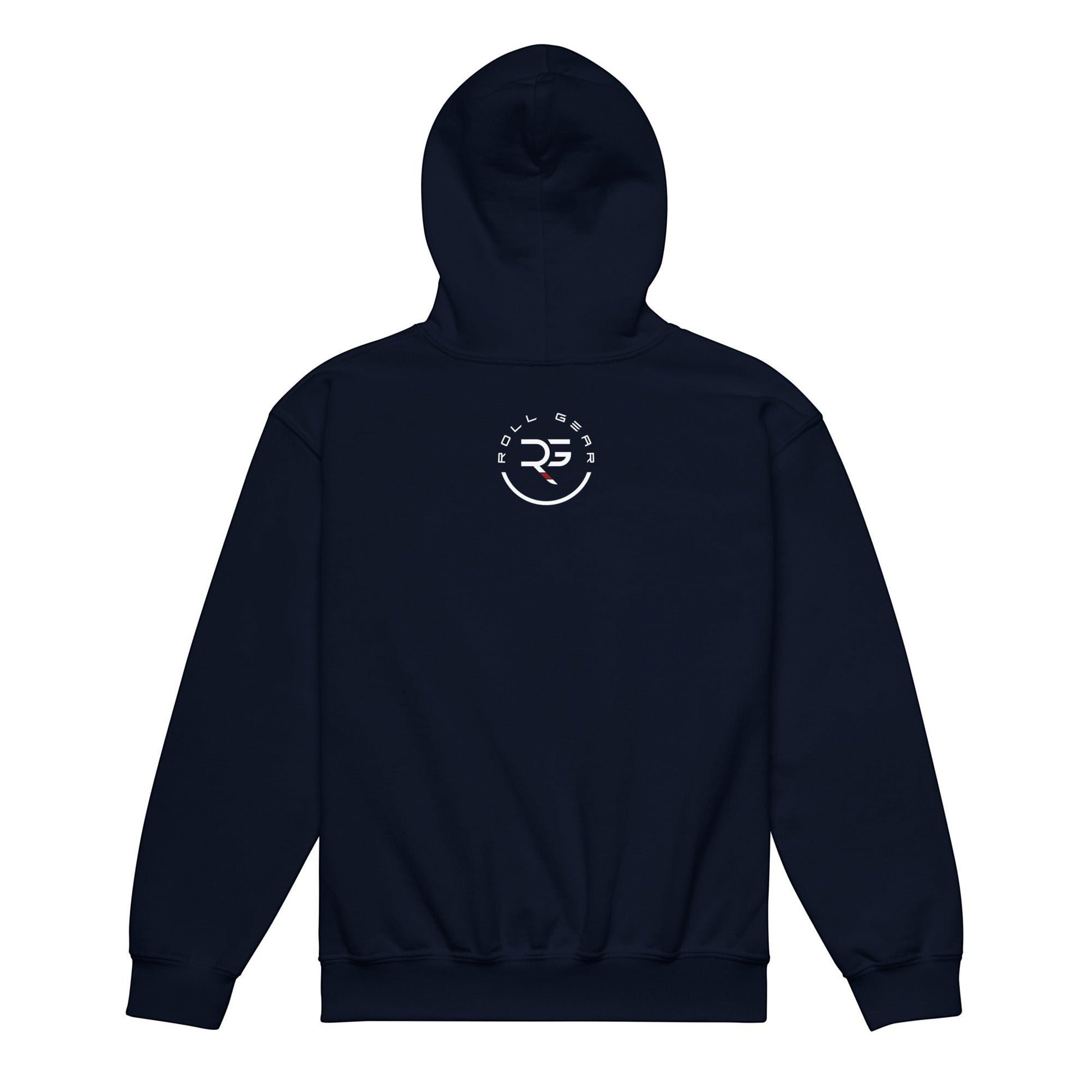 Roll Gear youth heavyweight navy blue hoodie with "Earned Not Given" graphic on front and logo above. 50% cotton, 50% polyester.