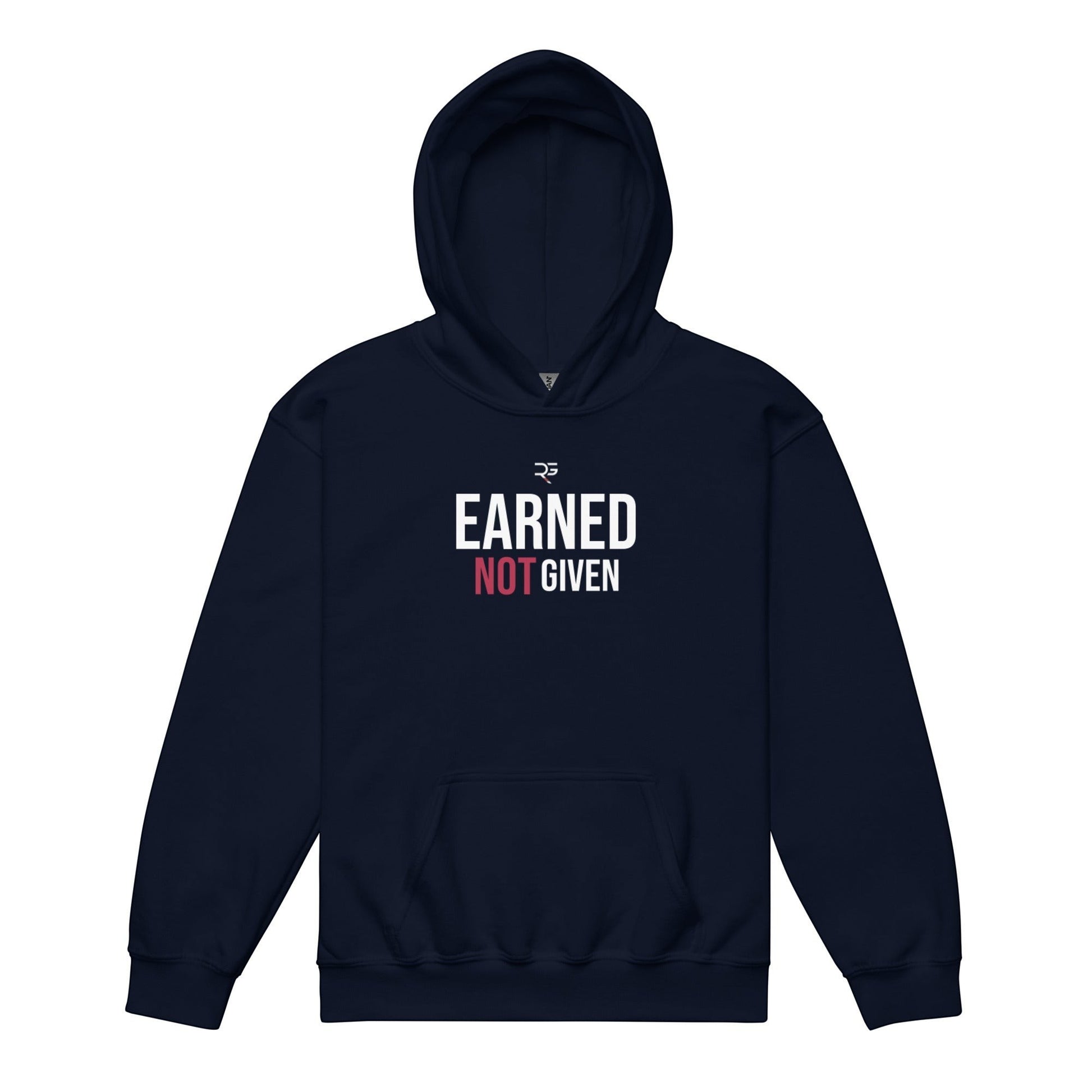 Roll Gear navy blue youth heavyweight hoodie with "Earned Not Given" graphic print on chest. 50% cotton, 50% polyester.