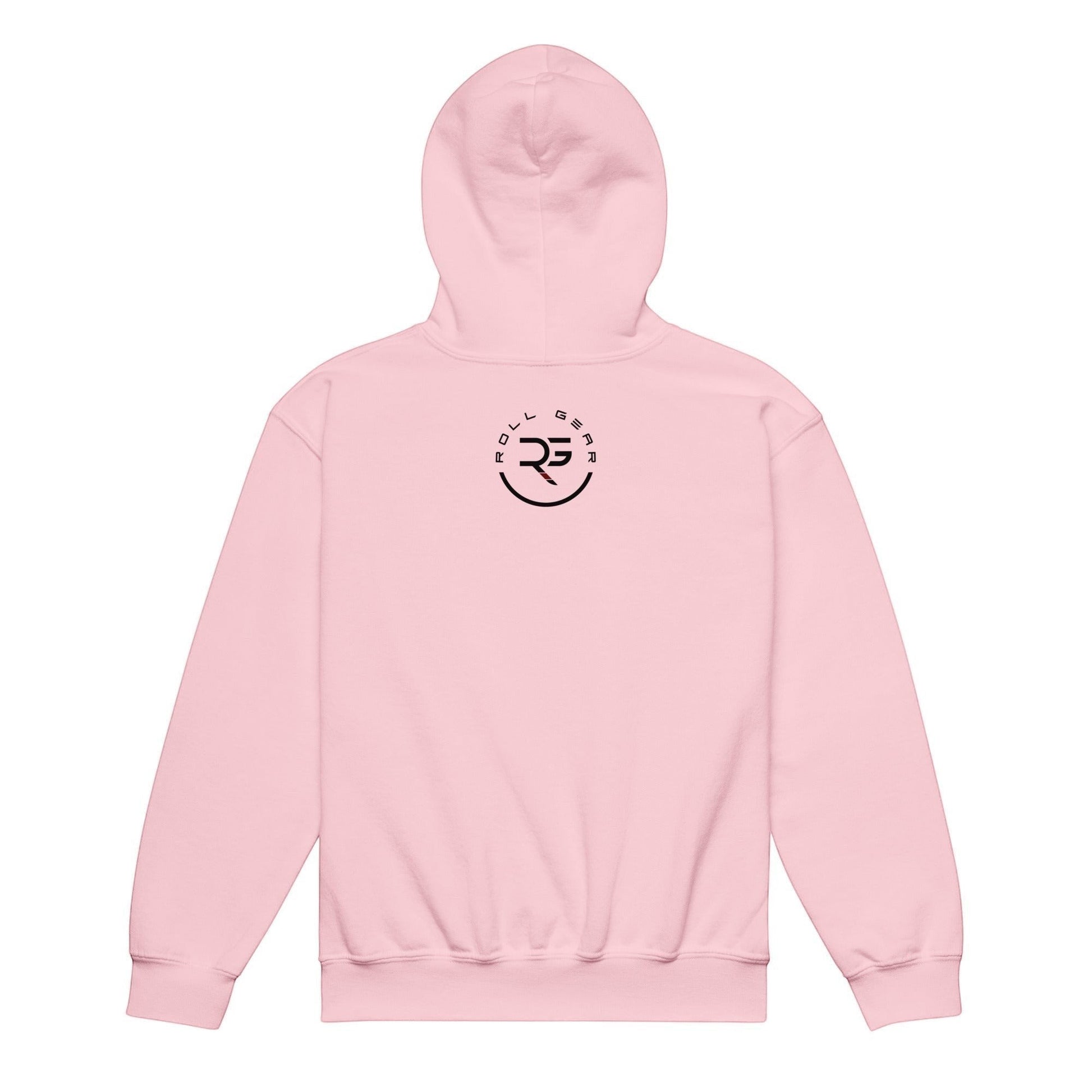 Roll Gear youth heavyweight pink hoodie with a black circular logo on the back. Made of 50% cotton, 50% polyester.
