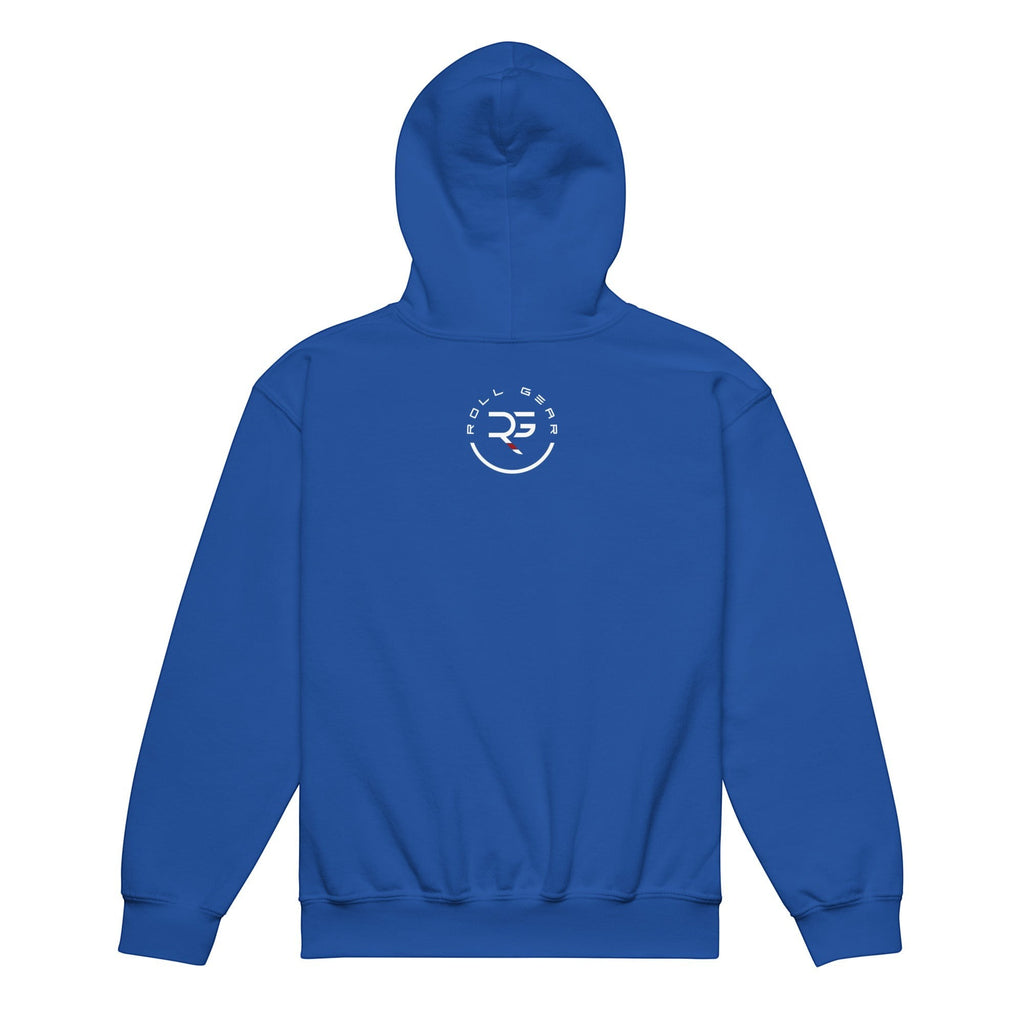 Roll Gear youth heavyweight hoodie in royal blue. Features a double-lined hood and front pouch pocket.