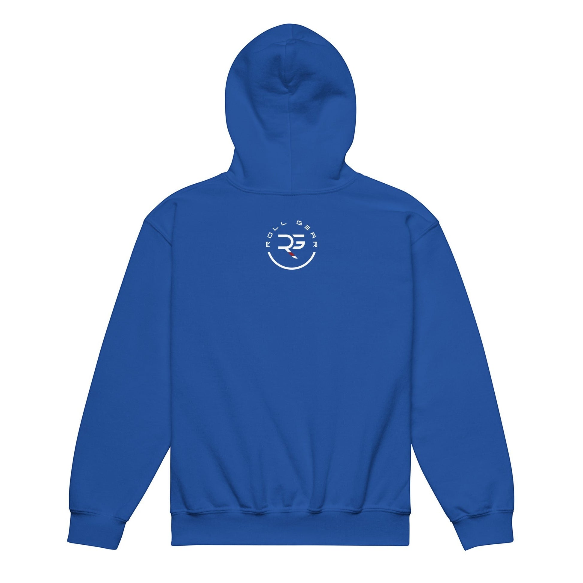 Roll Gear youth heavyweight hoodie in royal blue. Features a double-lined hood and front pouch pocket.
