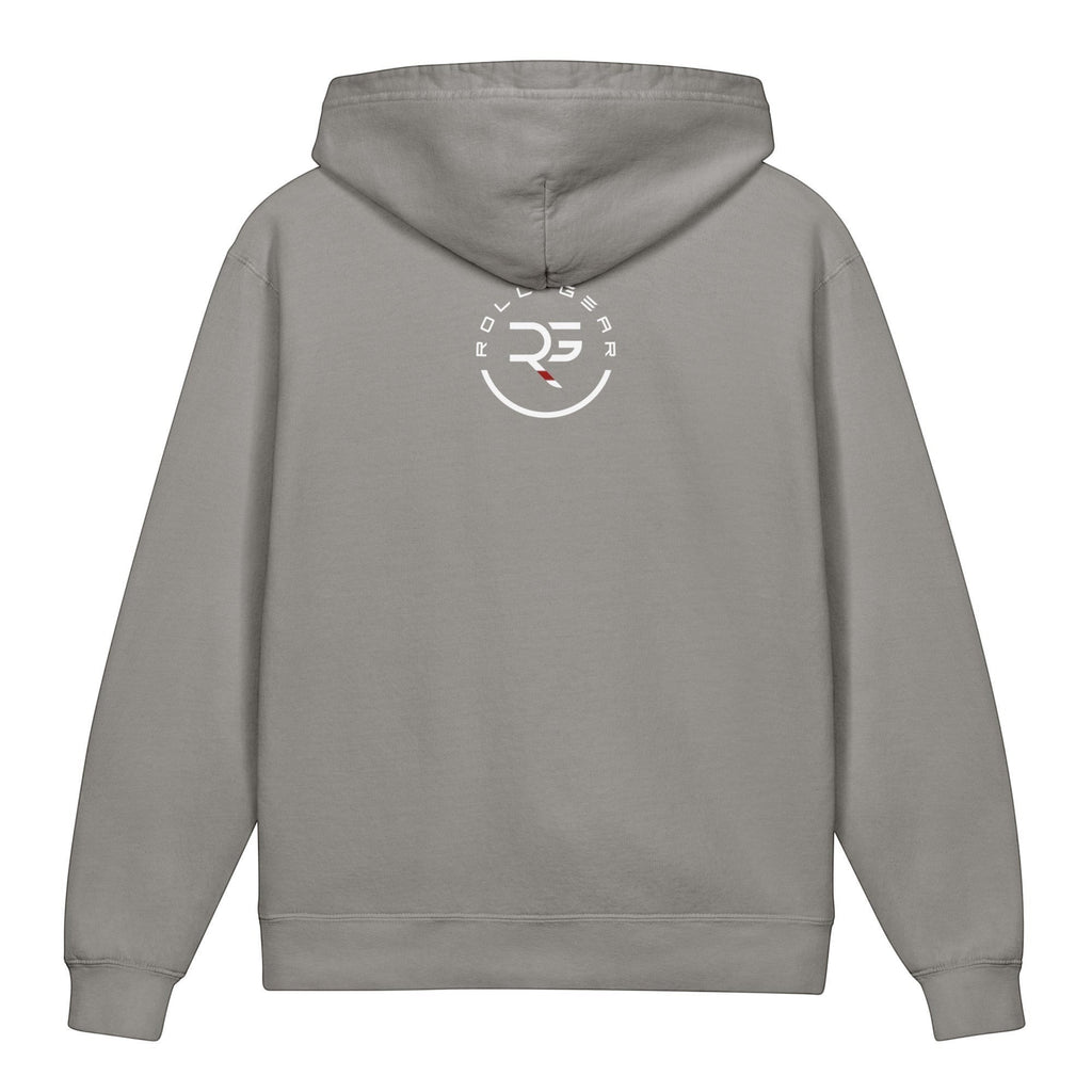 Roll Gear youth hoodie in grey, 100% cotton, lightweight with a relaxed fit and a graphic logo on the back.