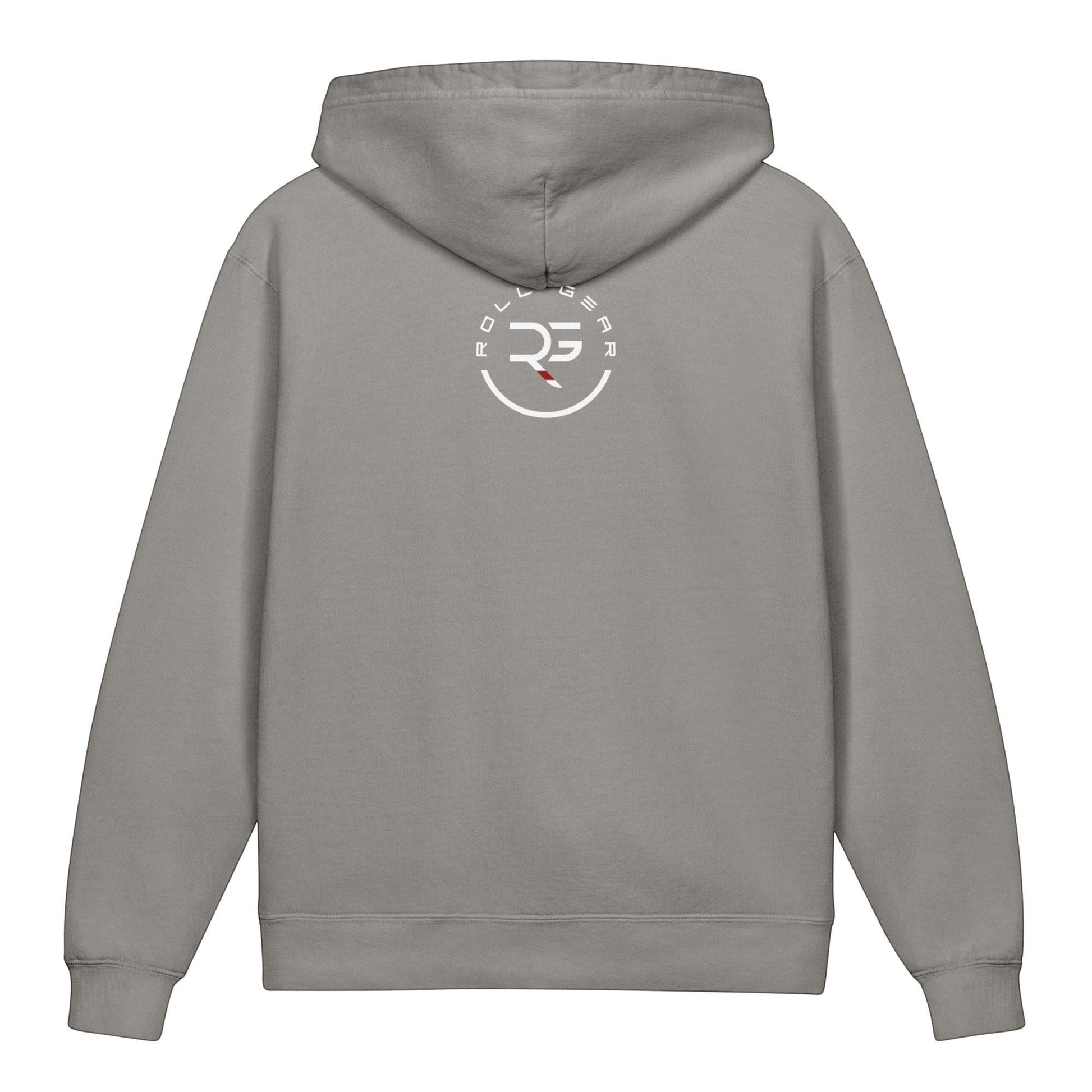 Roll Gear youth hoodie in grey, 100% cotton, lightweight with a relaxed fit and a graphic logo on the back.