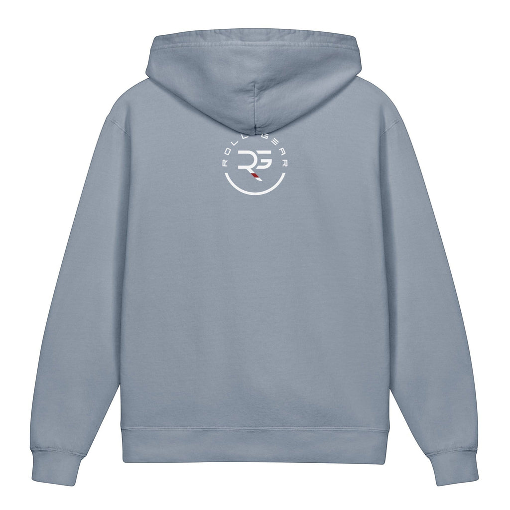 Roll Gear youth hoodie in light blue, 100% cotton, lightweight with a relaxed fit and a graphic on the back.