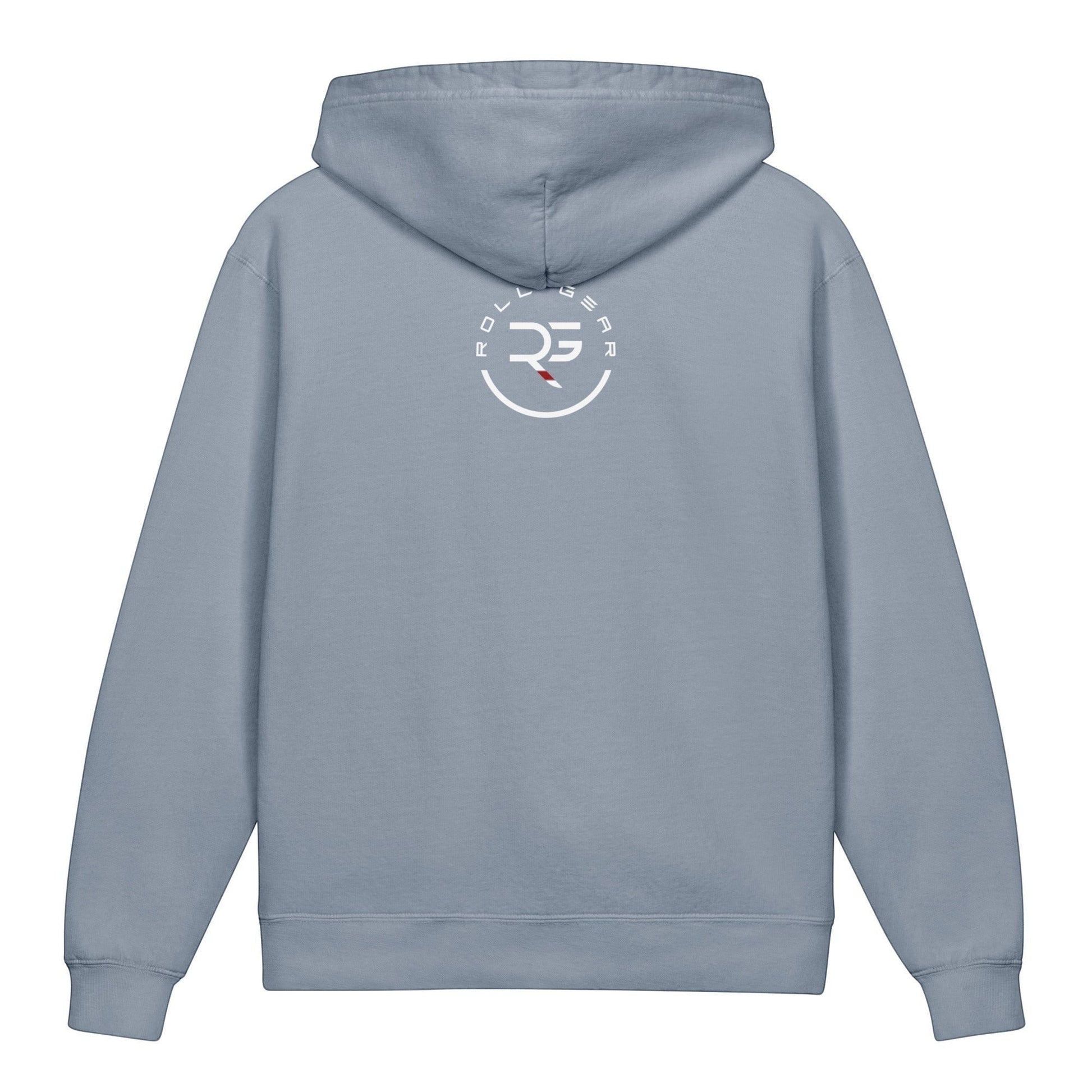 Roll Gear youth hoodie in light blue, 100% cotton, lightweight with a relaxed fit and a graphic on the back.