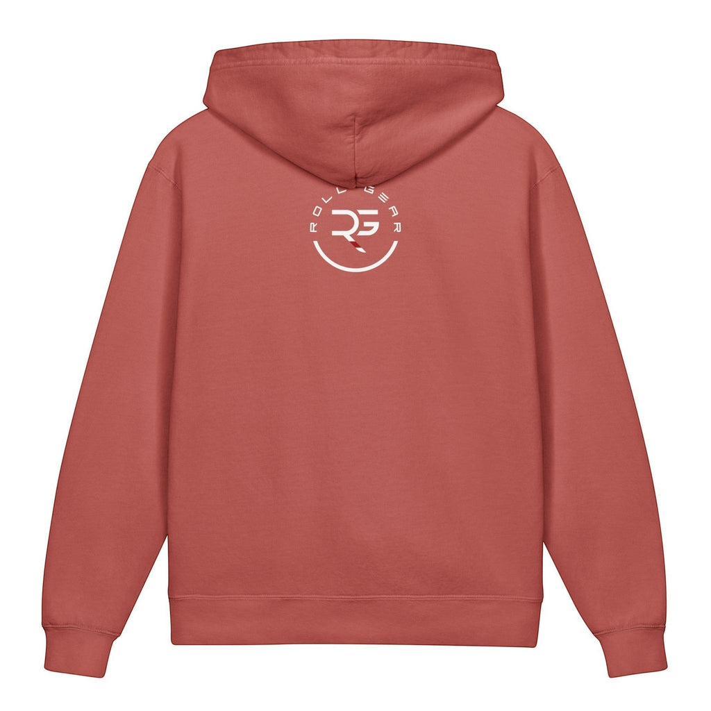 Roll Gear youth hoodie in faded red, 100% cotton, lightweight with a relaxed fit and a graphic logo on the back.