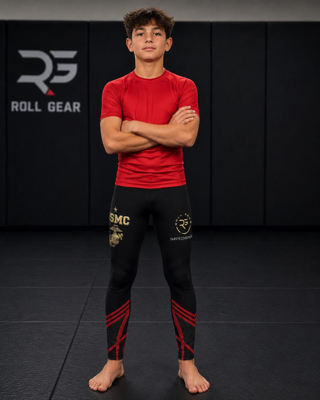 Roll Gear Youth Marines Dress Blues Compression Spats: black, red, gold USMC graphics, four-way stretch fabric.