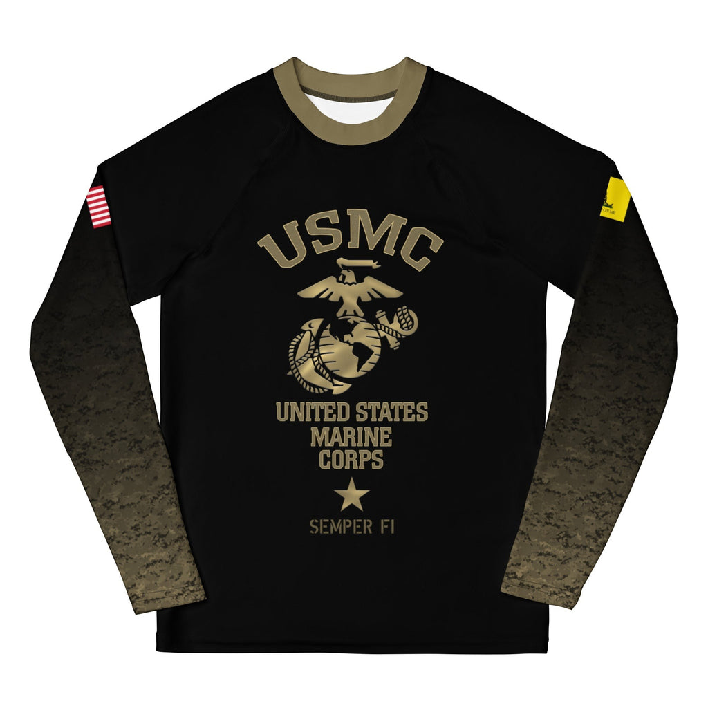 Roll Gear Youth Marines Gold military rash guard in black with faded gold sleeves and USMC emblem. Compression fit, long sleeve.