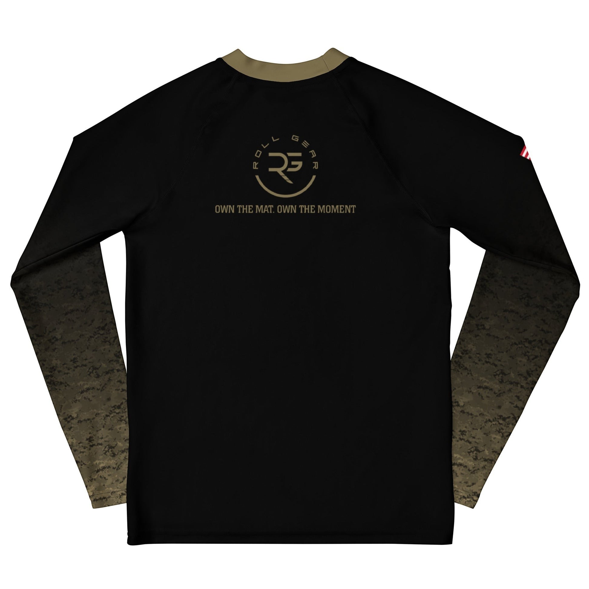 Roll Gear Youth Marines Gold military rash guard, black body with faded gold sleeves and gold emblem. Long sleeve compression fit.