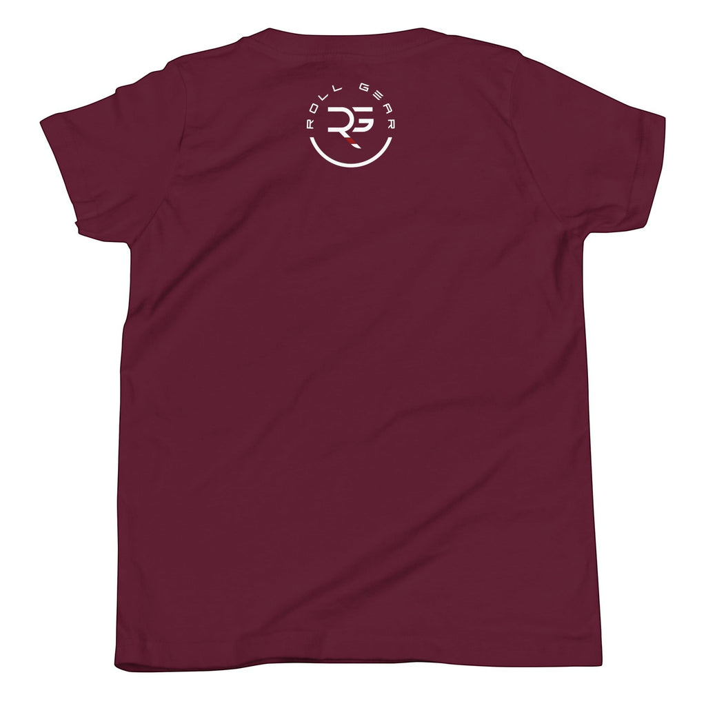 Roll Gear LLC youth athletic t-shirt in maroon with a white circular logo on the back.