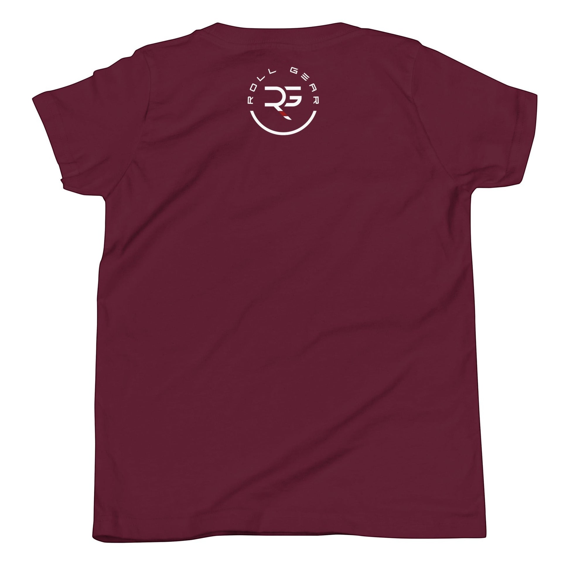 Roll Gear LLC youth athletic t-shirt in maroon with a white circular logo on the back.