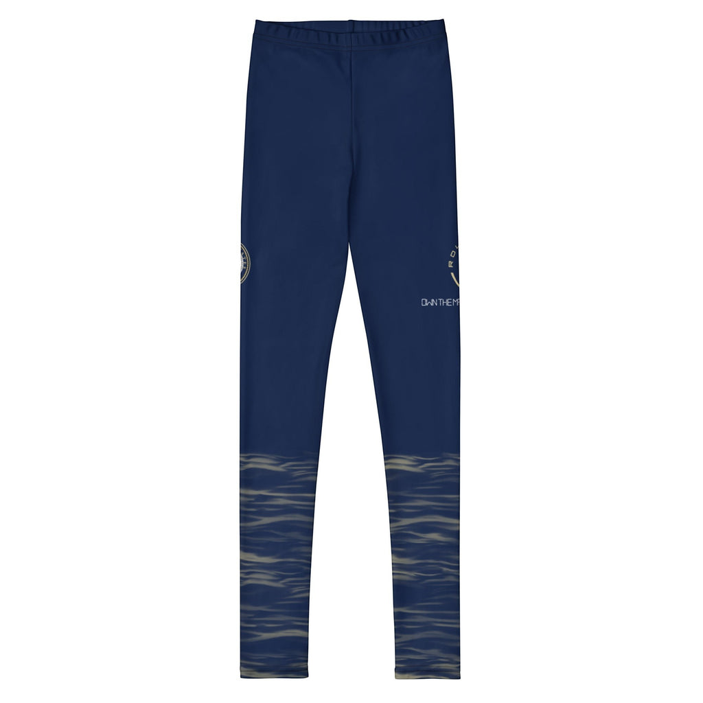 Roll Gear Youth Navy Compression Spats with ocean camo fade at the lower legs. Polyester/spandex blend.