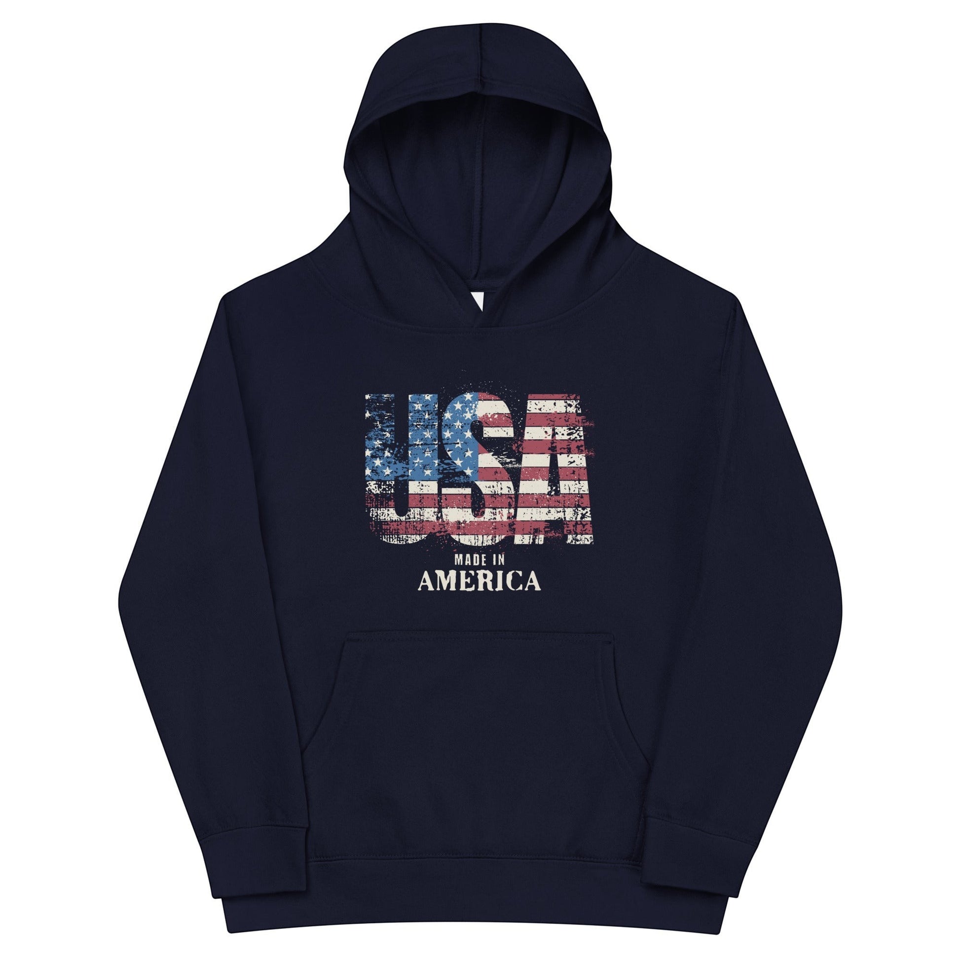Roll Gear youth navy blue performance hoodie with distressed USA flag graphic and "MADE IN AMERICA" text.