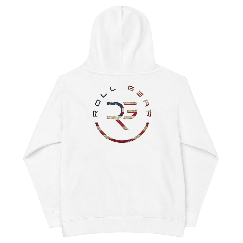 Roll Gear white youth performance hoodie with distressed USA flag graphic and circular logo on back.