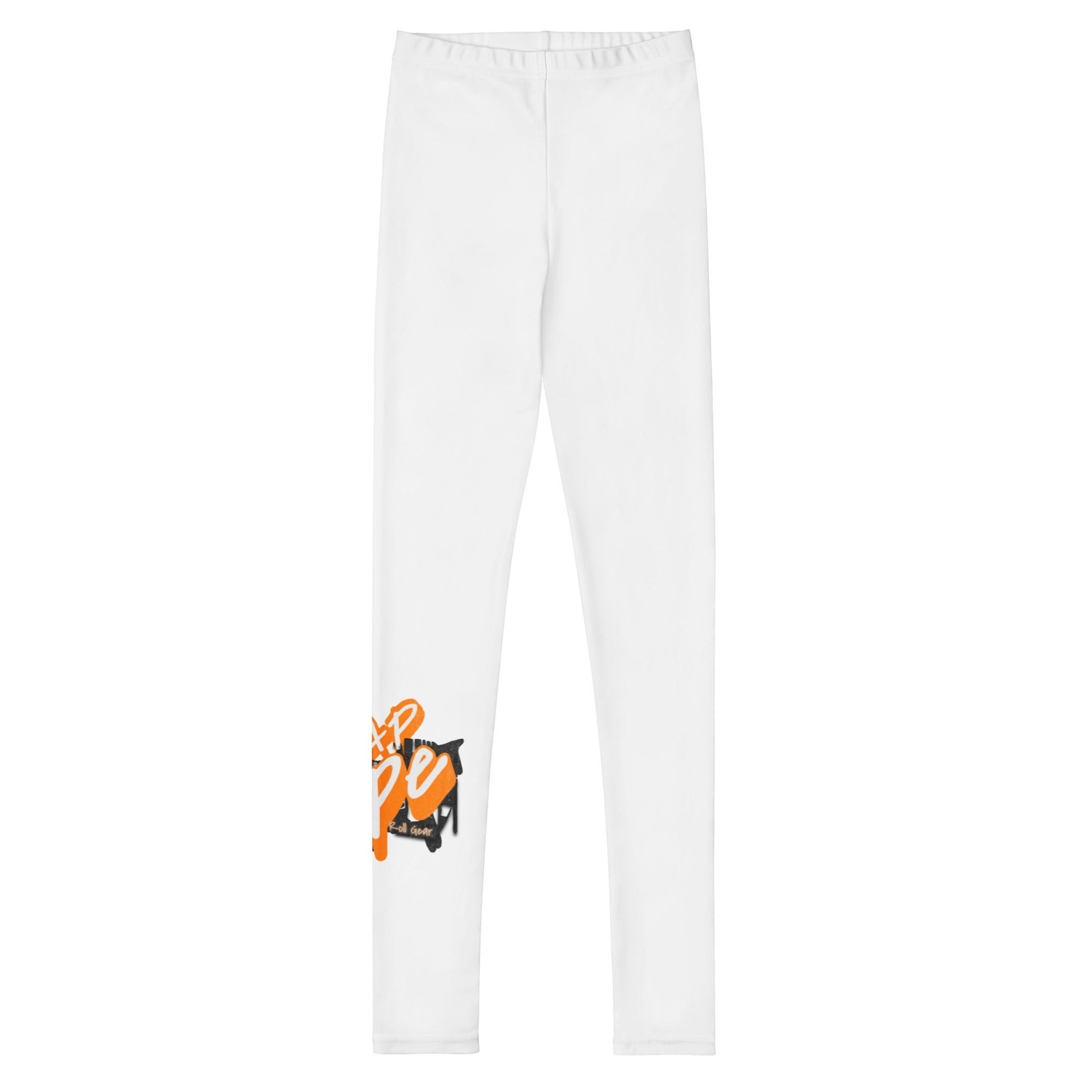 Roll Gear white youth spats with orange and black graffiti-style logo on the left leg. Polyester/spandex blend.