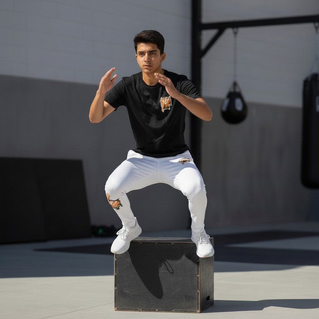 Roll Gear youth spats in white with orange graphic detail. Polyester/spandex blend with 4-way stretch for active training.