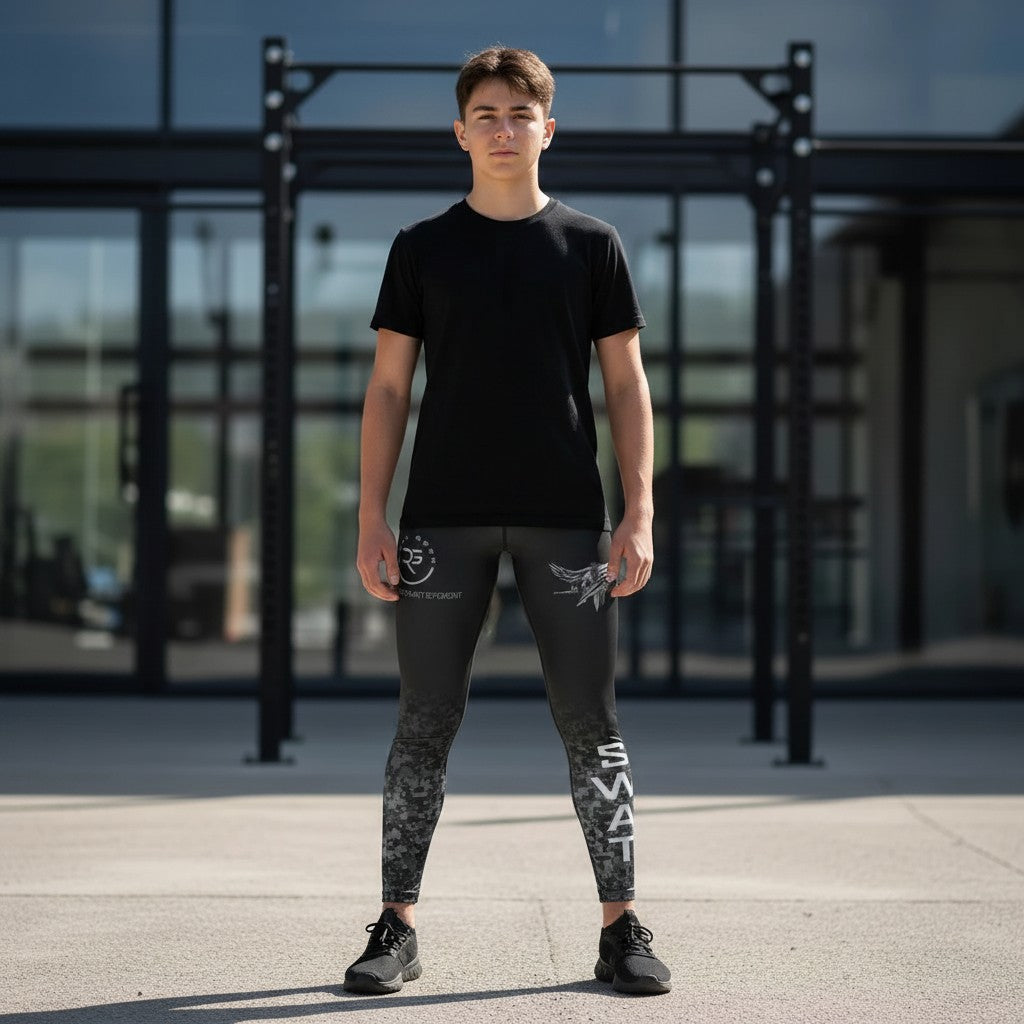 Roll Gear Youth SWAT Compression Spats in black with urban grey tactical pattern and SWAT graphics. Made of polyester and spandex.