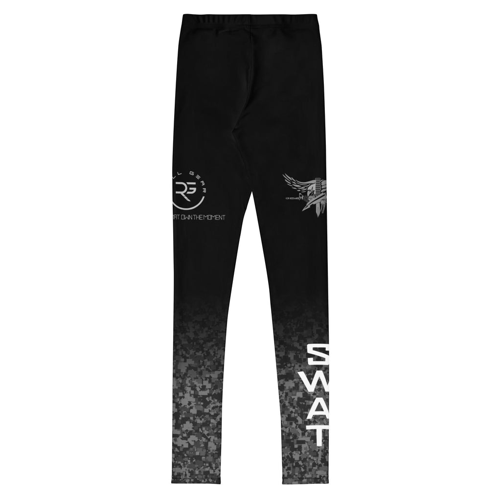Roll Gear Youth SWAT Compression Spats in black with urban grey tactical pattern and SWAT graphics. Made of polyester and spandex.