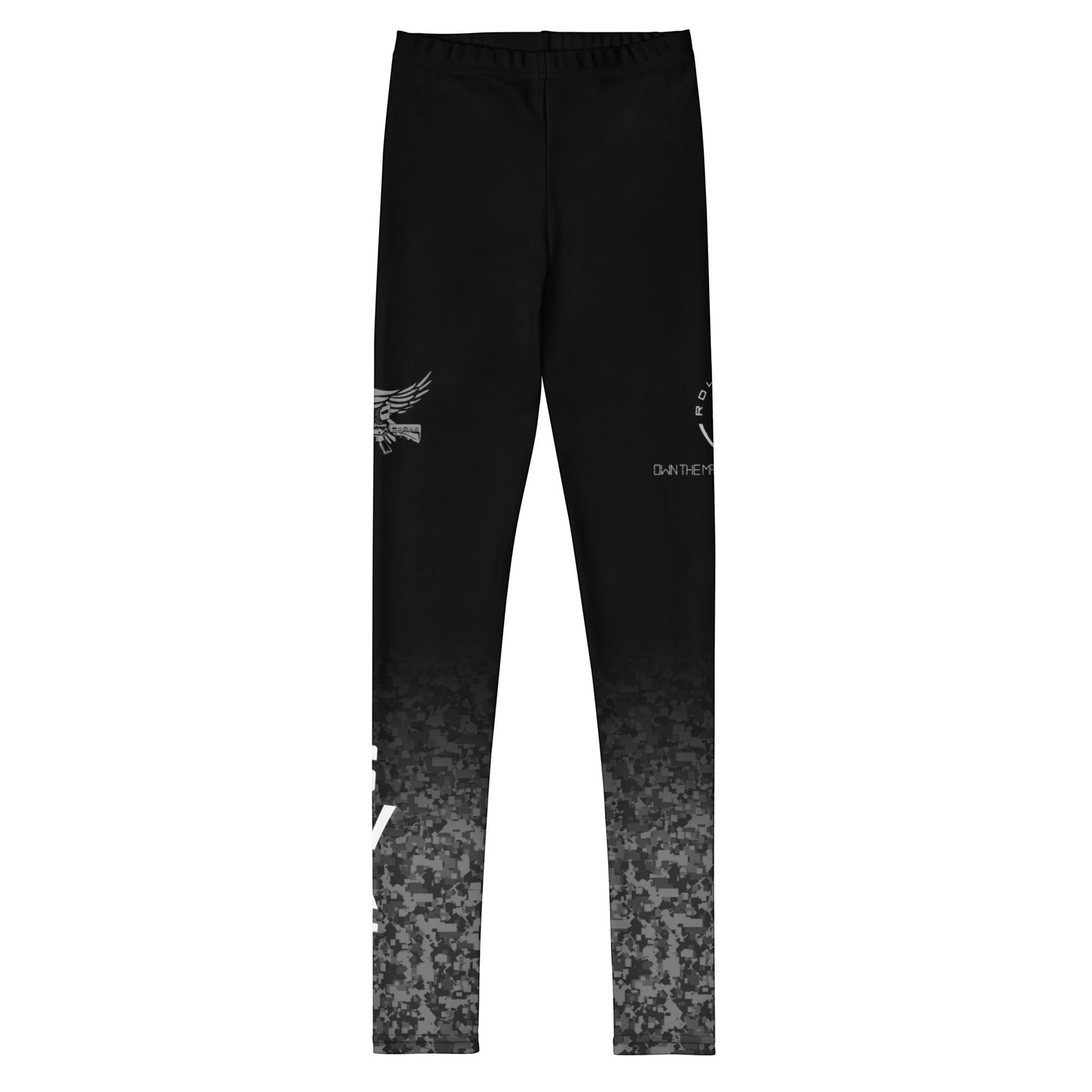 Roll Gear Youth SWAT Compression Spats: black to urban grey fade with tactical pattern and graphics. Polyester/spandex blend.