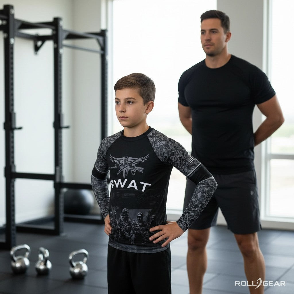 Roll Gear Youth SWAT Edition rash guard with black body and urban camo sleeves, featuring tactical graphics. Compression fit, ideal for combat sports.