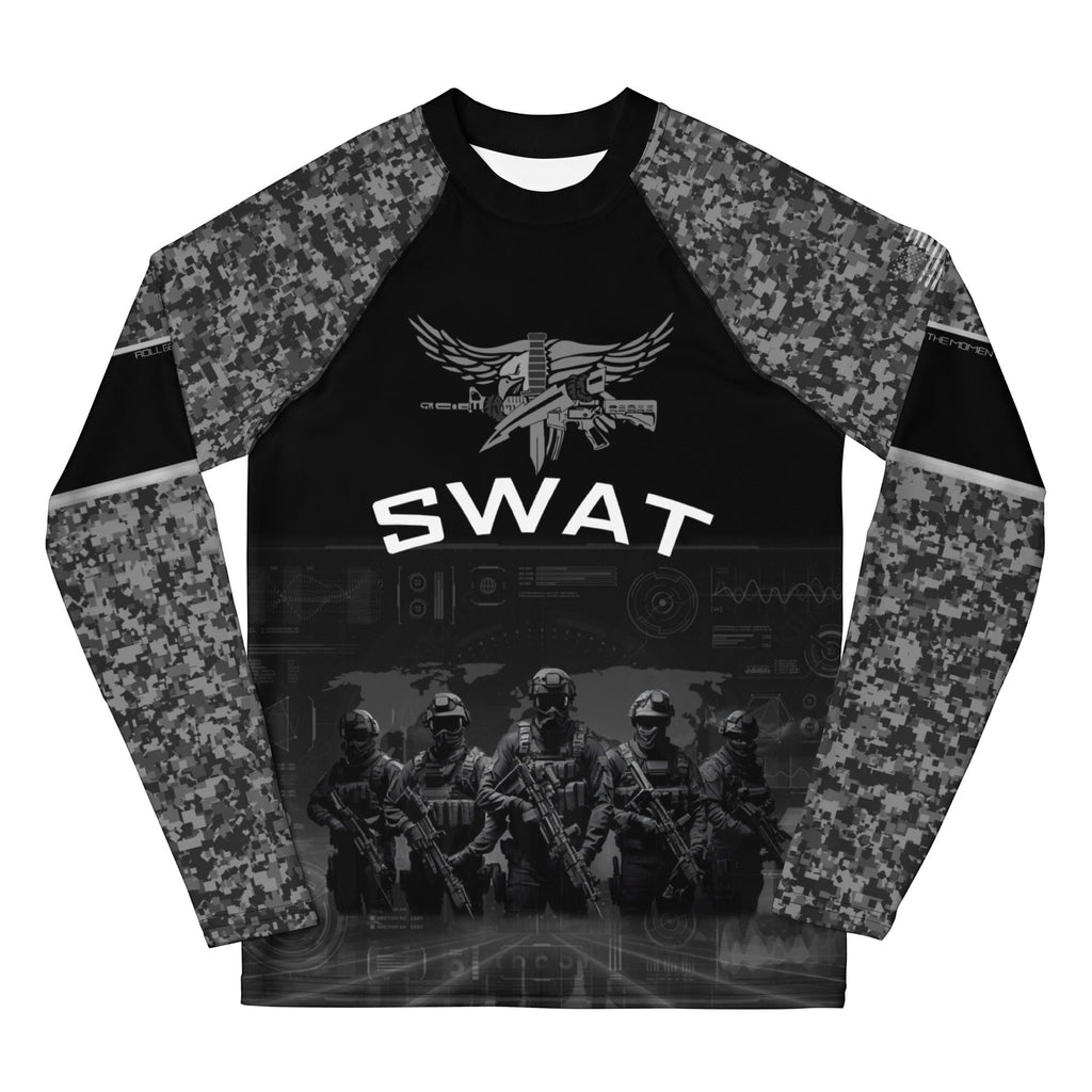 Roll Gear Youth SWAT Edition black rash guard with urban camo sleeves and tactical graphics. Compression fit, short sleeves.