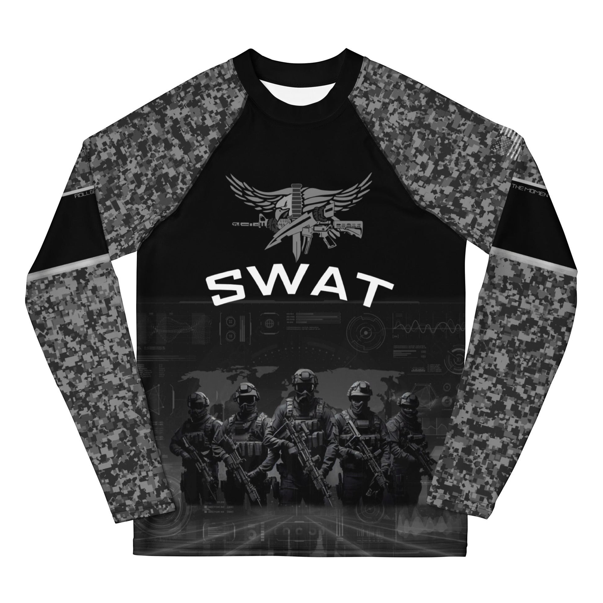Roll Gear Youth SWAT Edition black rash guard with urban camo sleeves and tactical graphics. Compression fit, short sleeves.