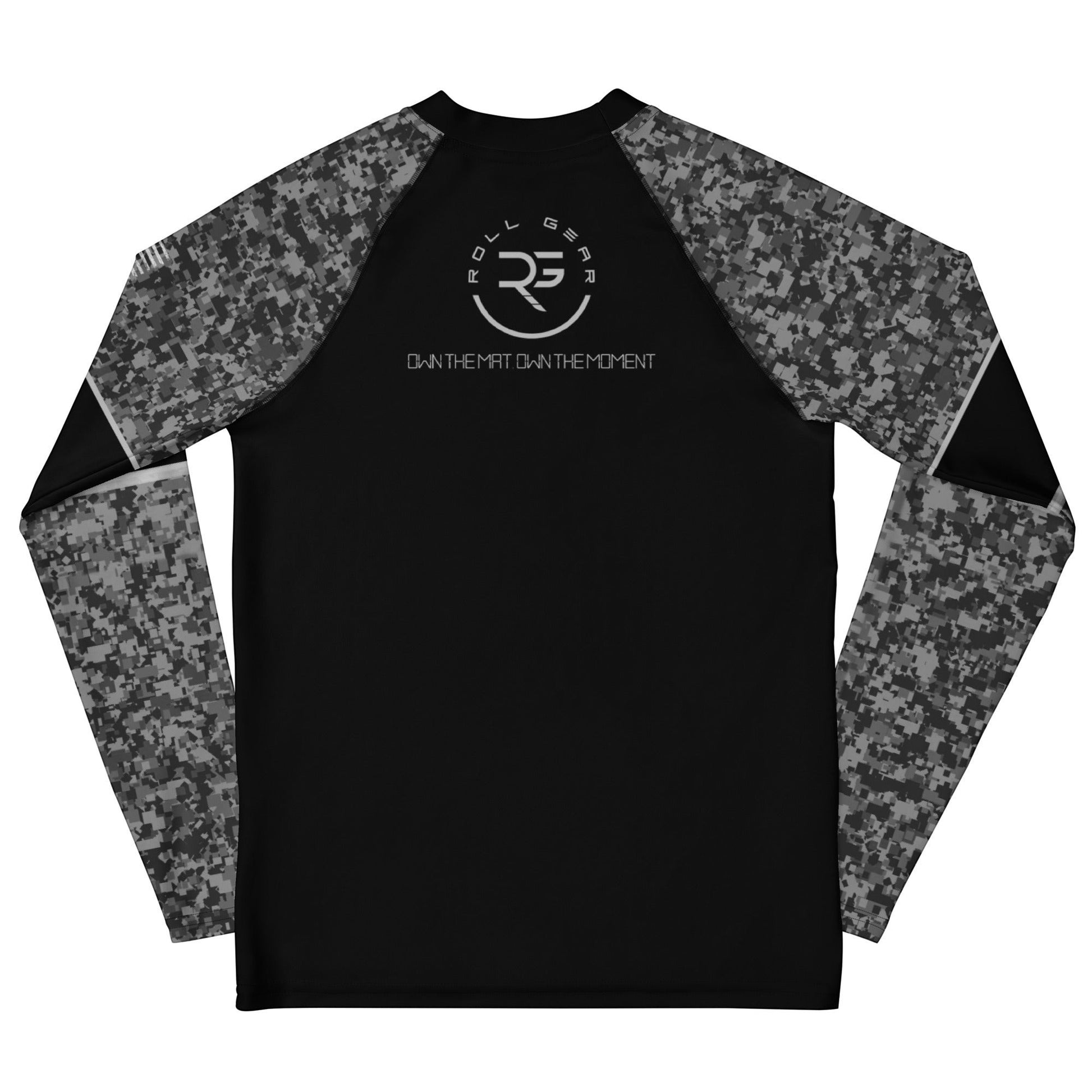 Roll Gear black short sleeve youth rash guard with urban camo sleeves and tactical eagle emblem.