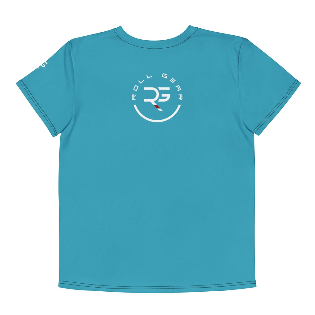 Roll Gear youth t-shirt in bright blue with circular logo on back. Soft, breathable fabric.