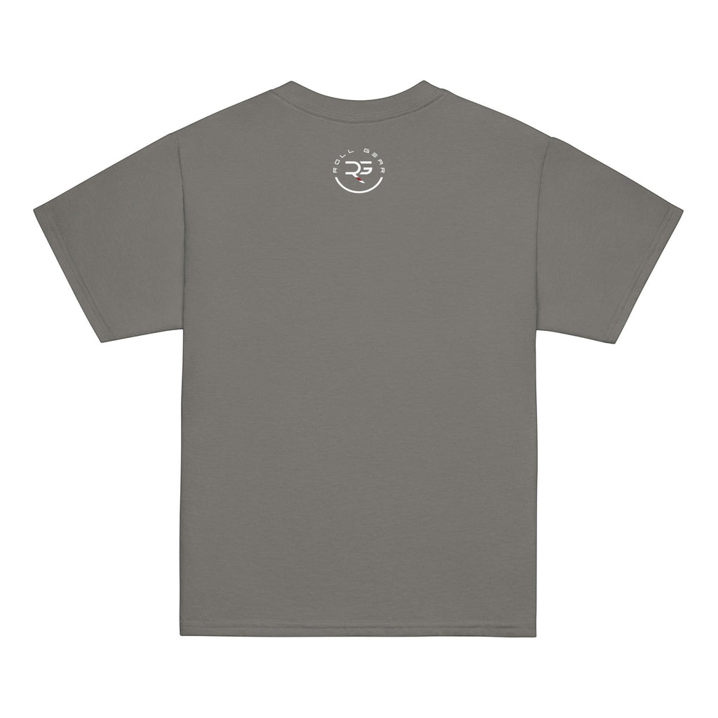 Roll Gear youth t-shirt in grey, 100% cotton, featuring a circular logo on the back.
