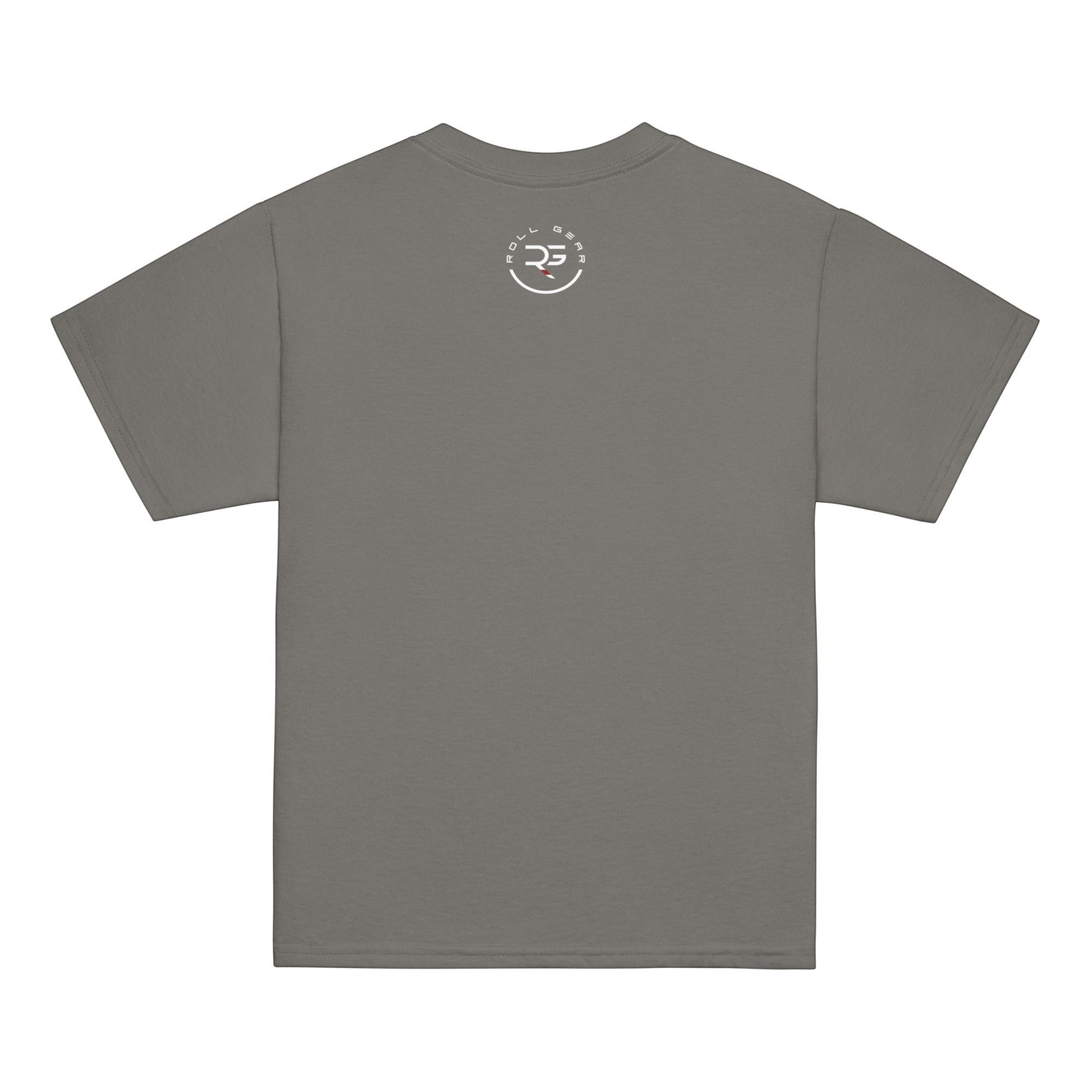 Roll Gear youth t-shirt in grey, 100% cotton, featuring a circular logo on the back.