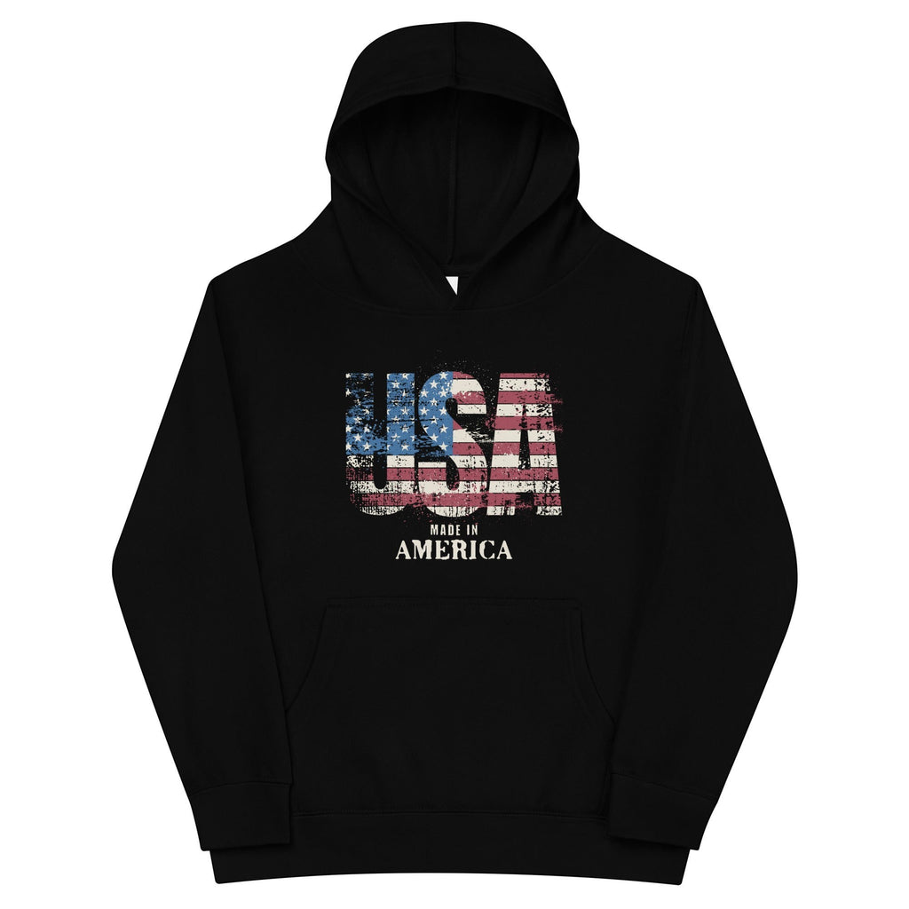 Roll Gear black youth hoodie with distressed USA flag graphic and "MADE IN AMERICA" text. 65% cotton, 35% polyester.