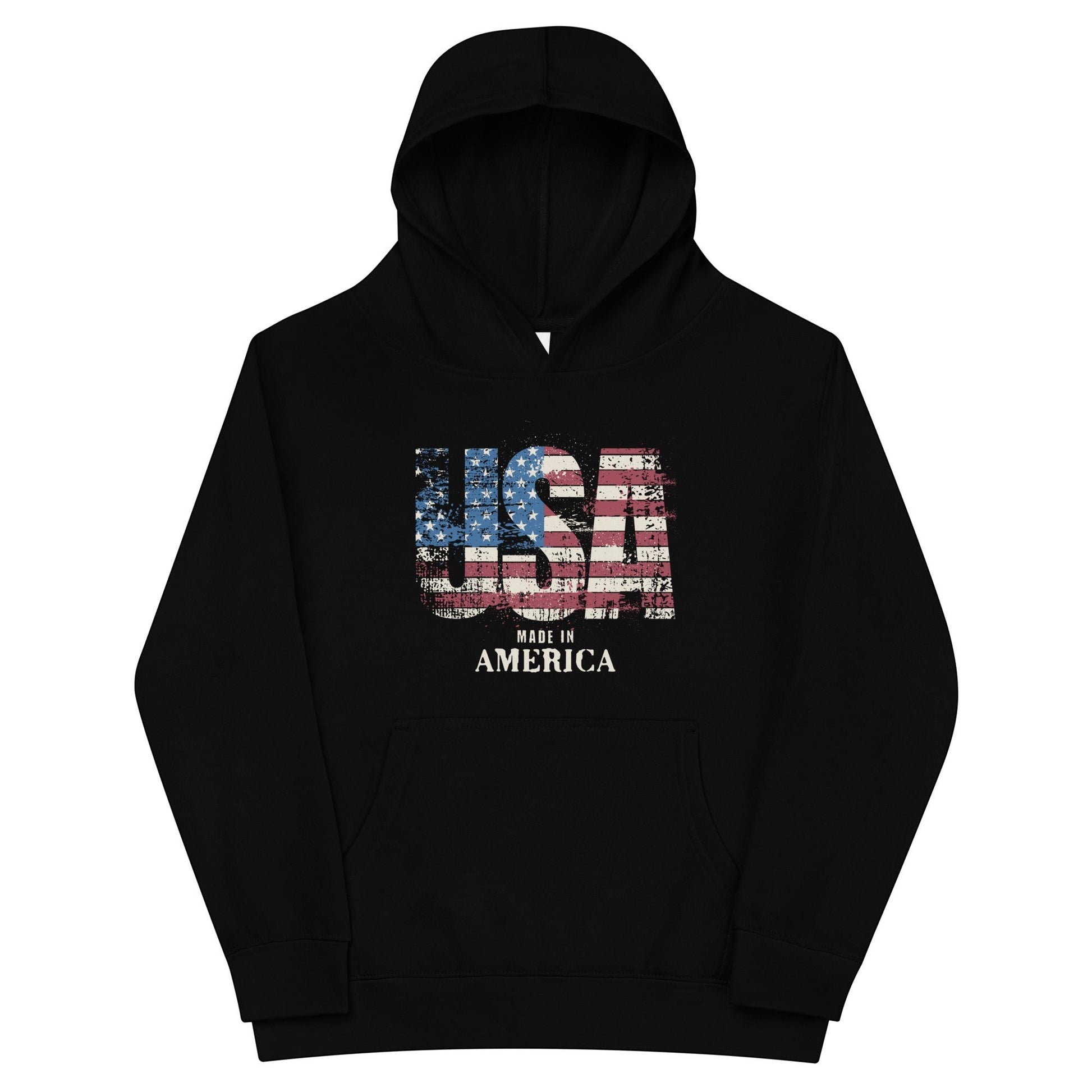 Roll Gear black youth hoodie with distressed USA flag graphic and "MADE IN AMERICA" text. 65% cotton, 35% polyester.