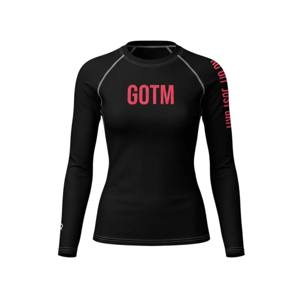 Roll Gear Women's black long-sleeve BJJ rash guard with red GOTM logo and text detail on sleeve.