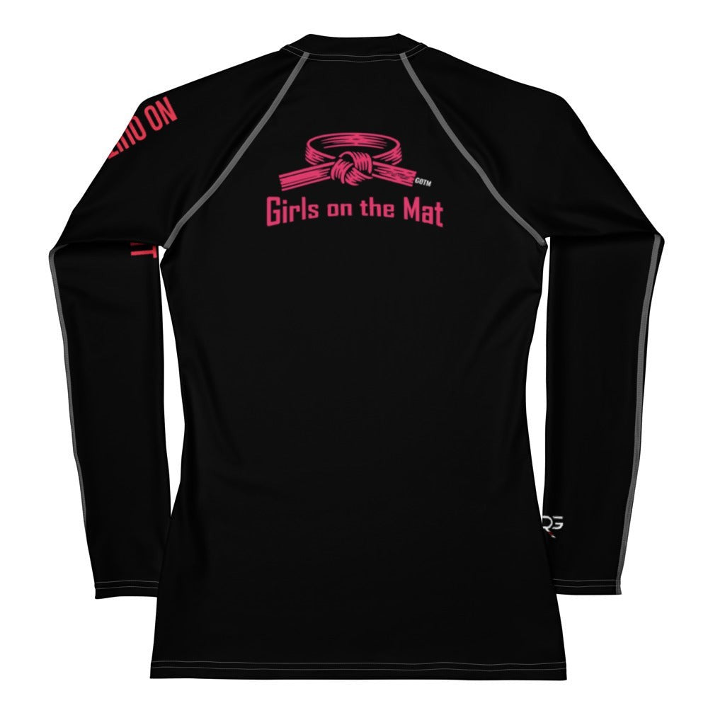Roll Gear black long-sleeve BJJ rash guard for women with red 'Girls on the Mat' logo and belt graphic.