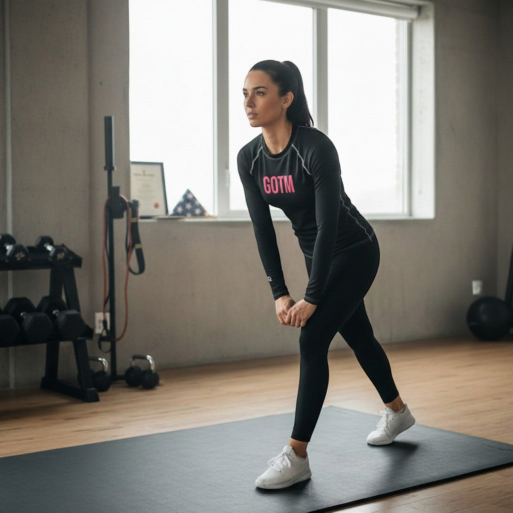 Roll Gear Women's black long-sleeve BJJ rash guard with pink GOTM logo and text on sleeves, worn by a woman in a gym.
