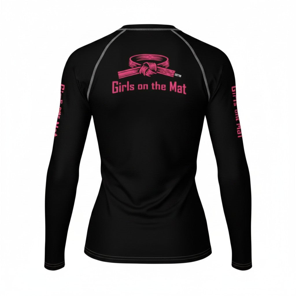 Roll Gear black long-sleeve BJJ rash guard with pink Girls on the Mat logo and belt graphic on back.