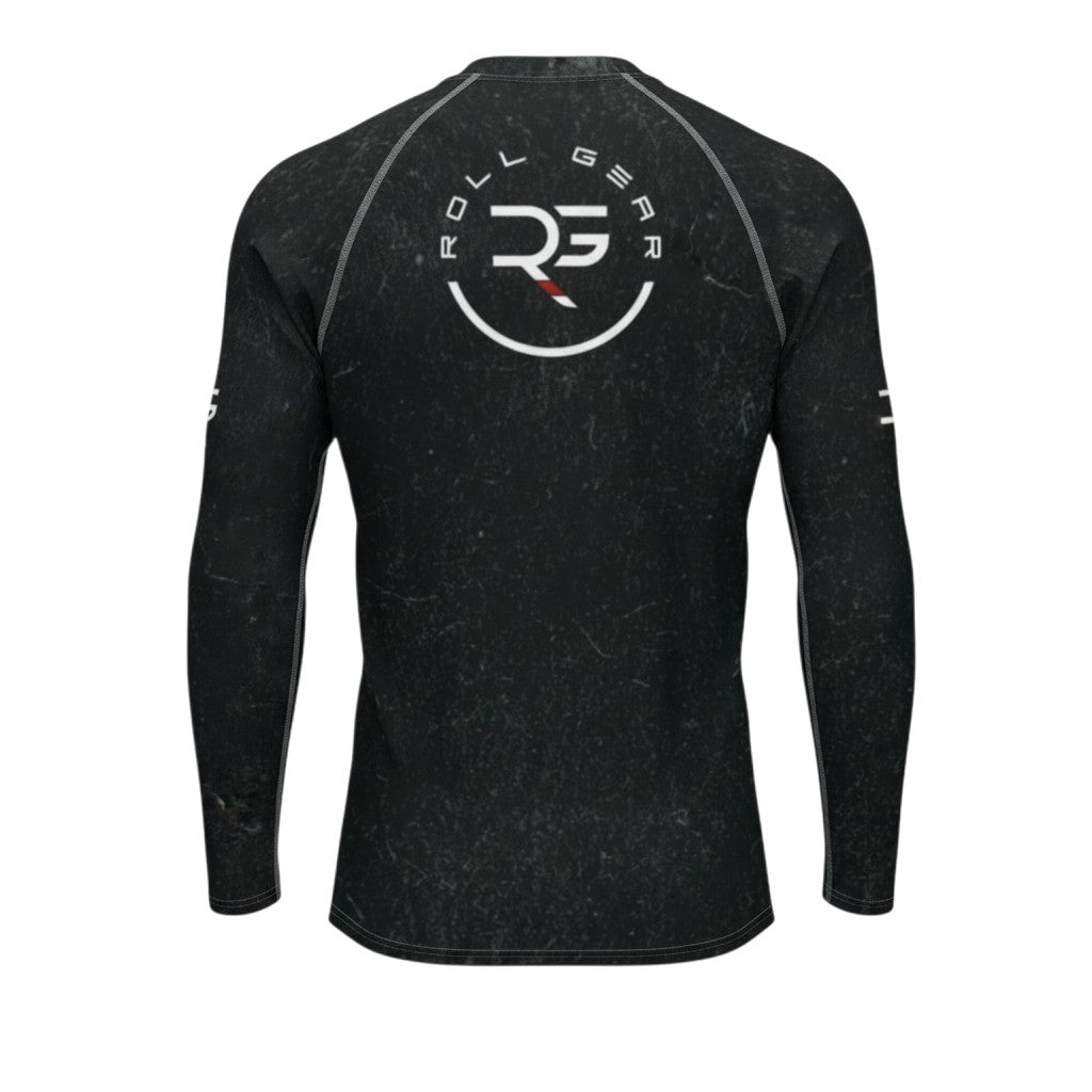 Roll Gear black long sleeve performance shirt with RG logo and "Earned" graphic. Ideal for BJJ, MMA, and training.