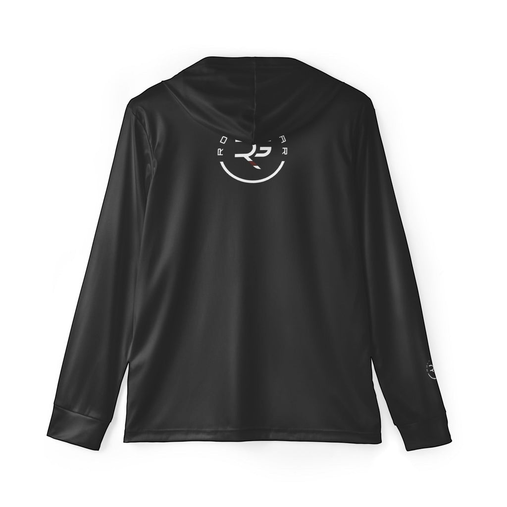 Roll Gear black performance long sleeve hoodie with graphic logo on back and sleeve. Lightweight, breathable fabric.