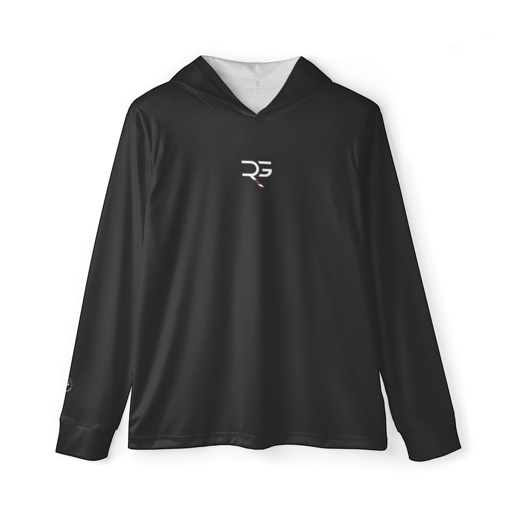 Roll Gear black performance long sleeve hoodie with white interior lining and subtle chest logo. Lightweight, breathable fabric for activewear.