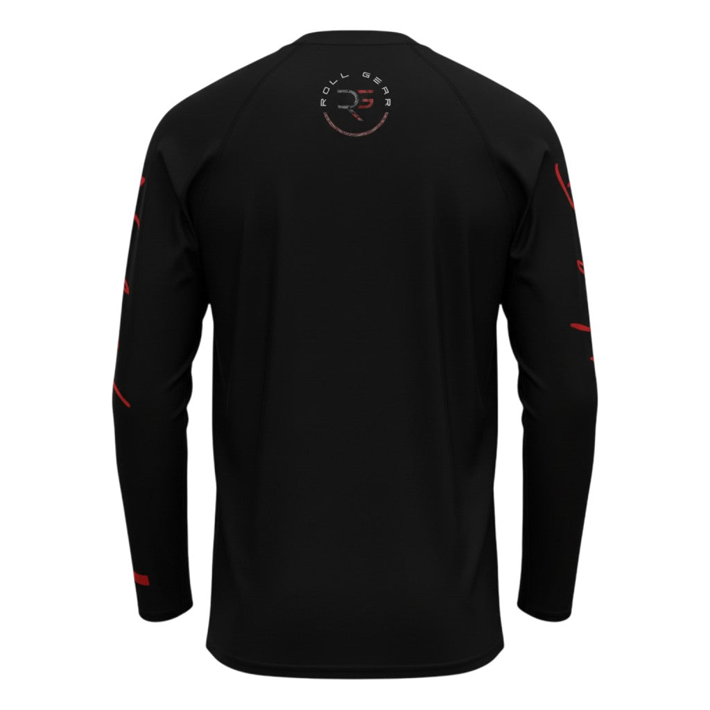 Roll Gear black long sleeve performance rash guard with red accents and "Embrace the Chaos" graphic on chest.