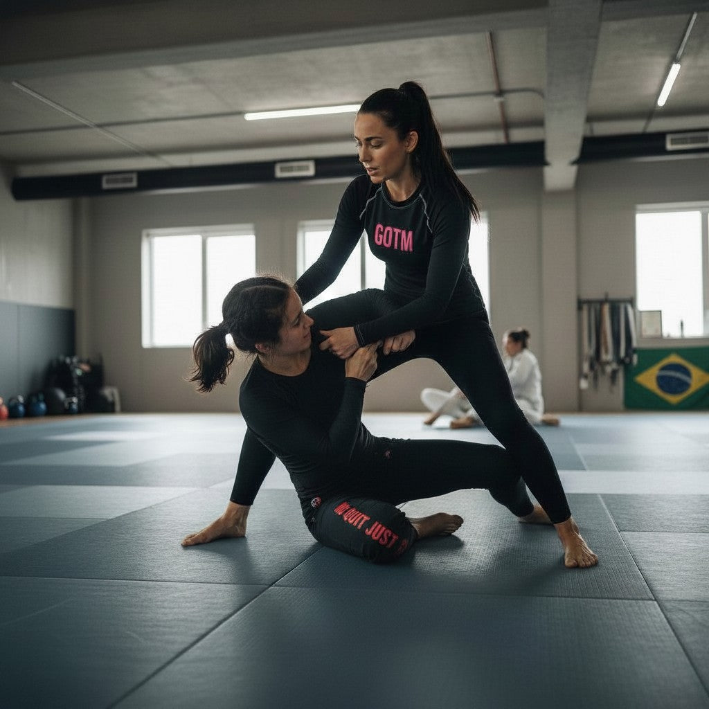 Roll Gear women's black long-sleeve BJJ rash guard with red GOTM logo, worn during grappling training.