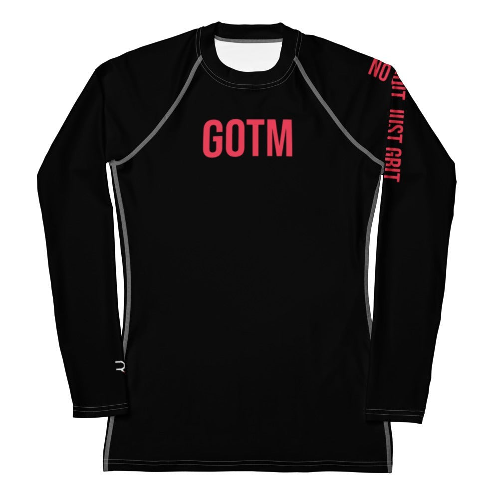 Roll Gear Women's black long-sleeve BJJ rash guard with red GOTM logo and text detail on sleeve.