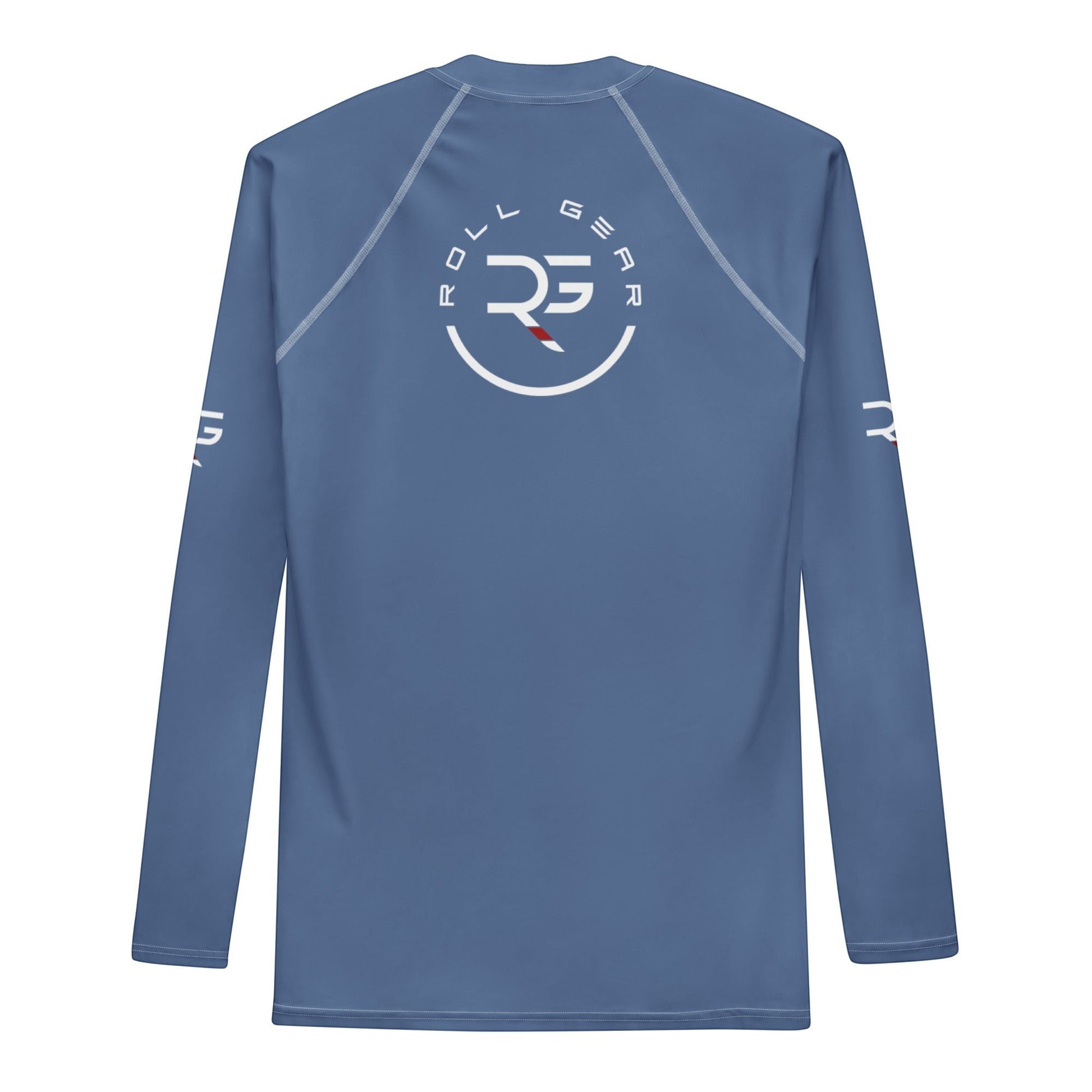 Roll Gear blue long sleeve performance shirt with white stitching and circular logo on back.