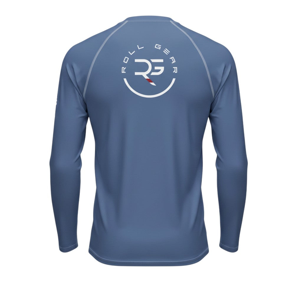 Roll Gear blue long sleeve performance rash guard with white stitching and logo on back. Designed for athletes.