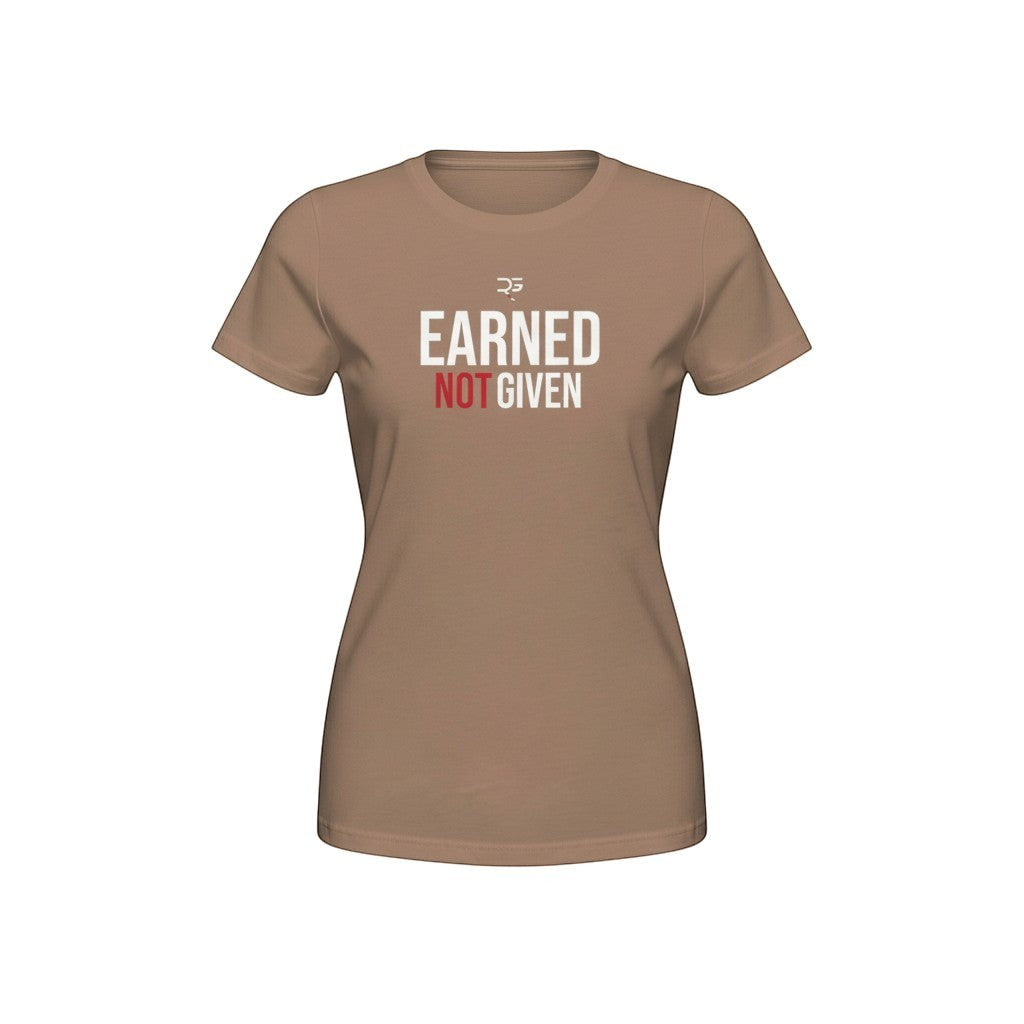 Roll Gear women's brown cotton t-shirt with 'EARNED NOT GIVEN' graphic print. High-waisted athletic fit.