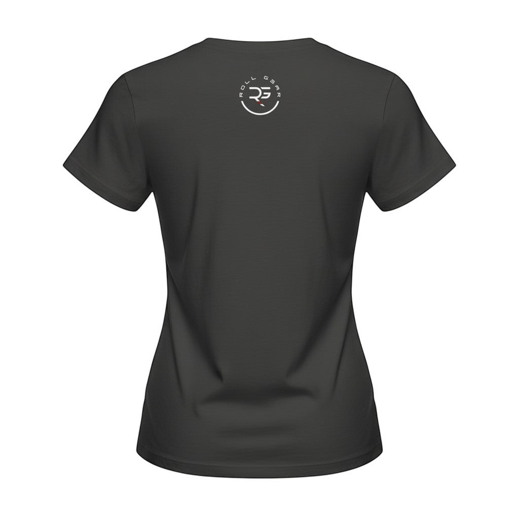 Roll Gear women's dark grey cotton high-waisted t-shirt with subtle logo on back neck.