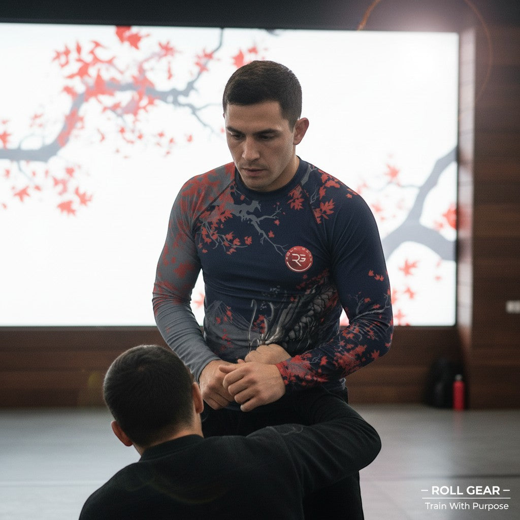 Roll Gear men's long sleeve dark navy rash guard with crimson accents and dragon warrior graphic, athletic fit.