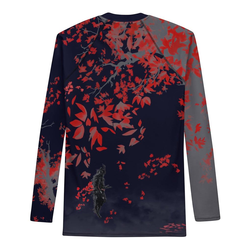 Roll Gear men's long sleeve rash guard in dark navy with crimson accents and a dragon warrior graphic. Features a four-way stretch fabric.
